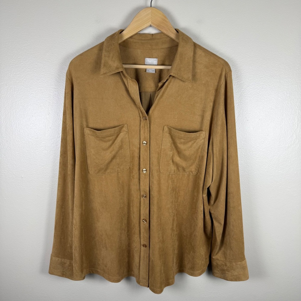 Chico's Women's 3 US 16/18 Button Down Shirt Tan Faux Suede Stretch Blouse Boho